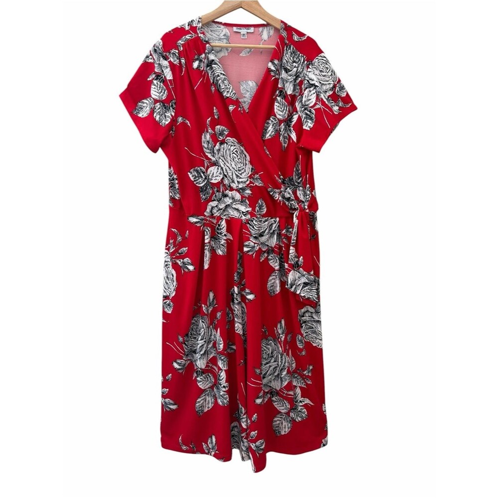 Shelby & Palmer Womens Faux Wrap Floral Surplice Romper Red Black White Sz 3X